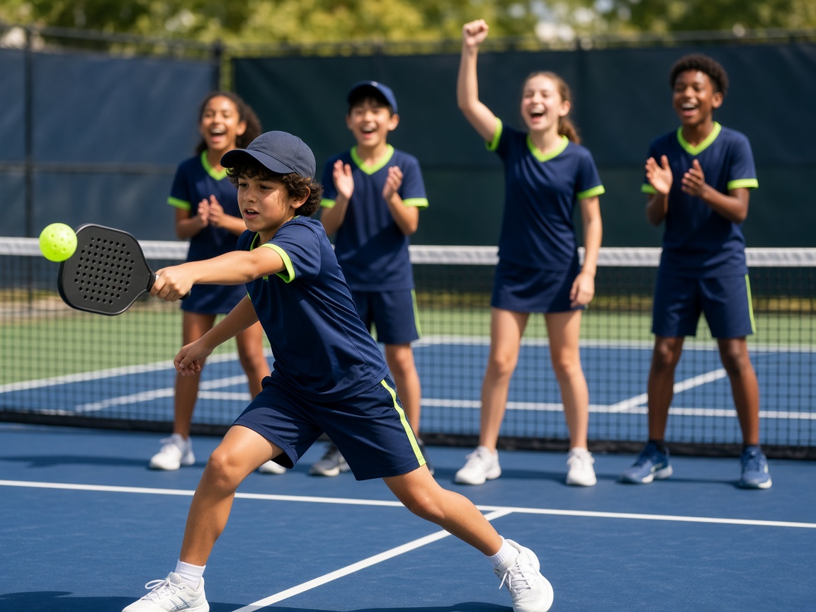 Kids in Pickle Pals jerseys playing pickleball and cheering